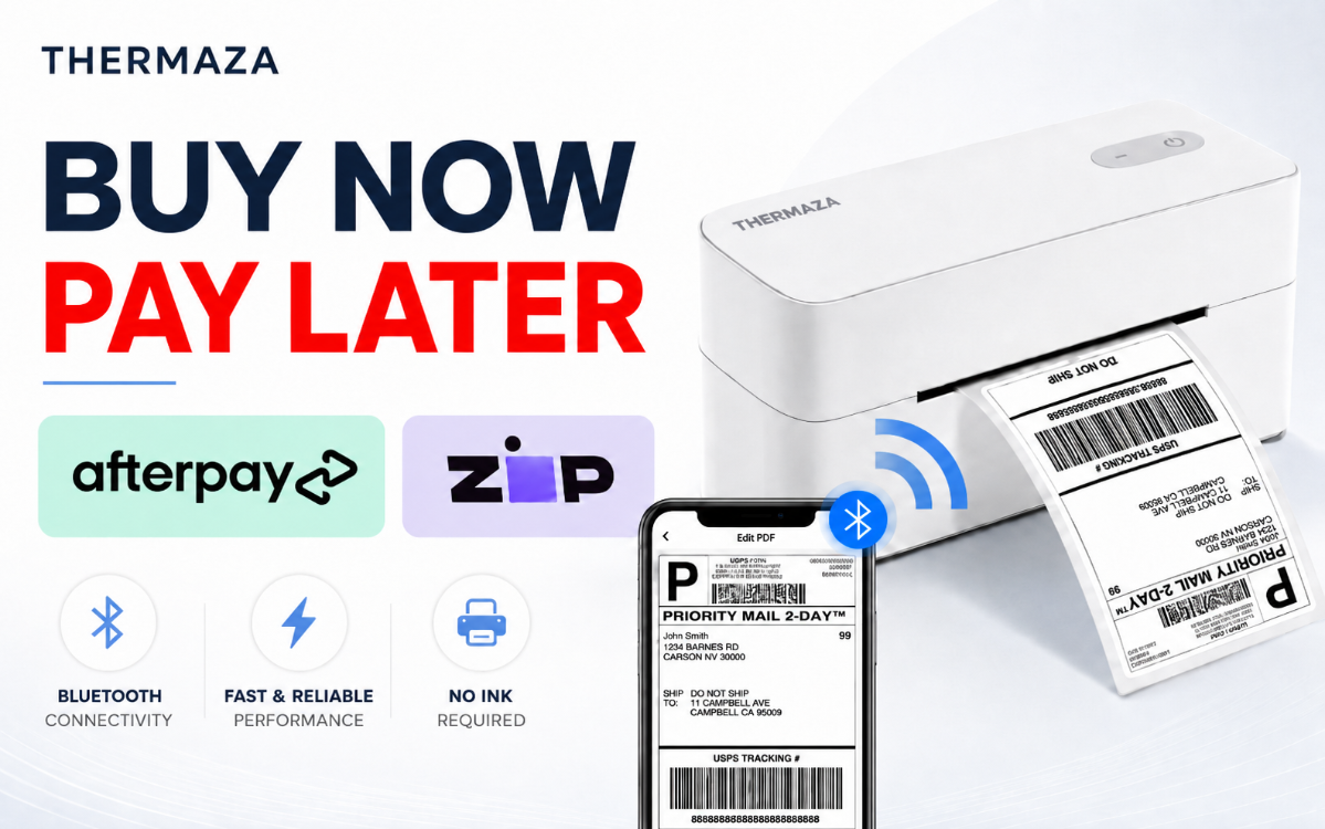 THERMAZA Bluetooth shipping label printer shown in a promotional graphic with large text reading 'BUY NOW PAY LATER,' payment icons for afterpay and zip, connectivity icons, and a smartphone displaying a shipping label.