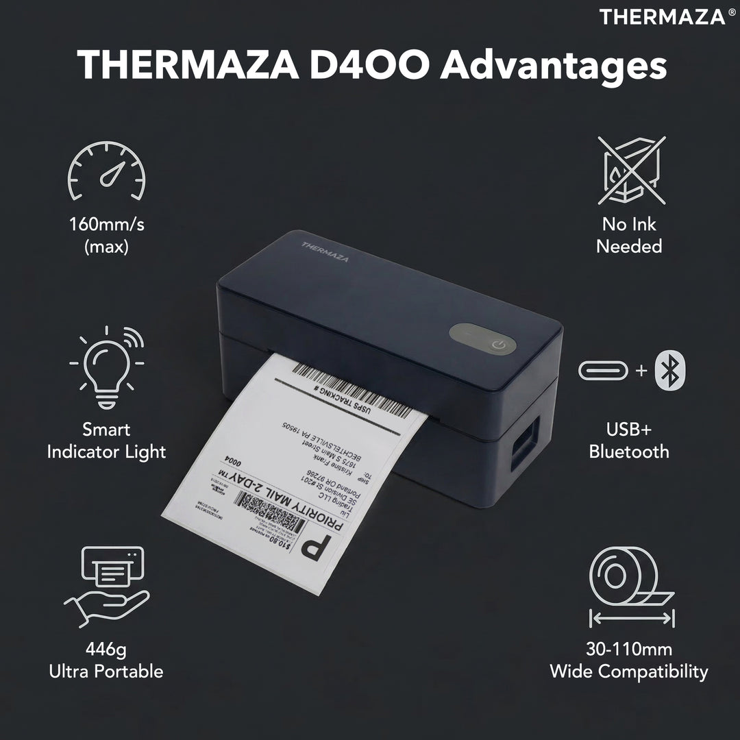 THERMAZA® D400 Thermal Label Printer Essential Kit With 1000 Fanfold Labels (Black)