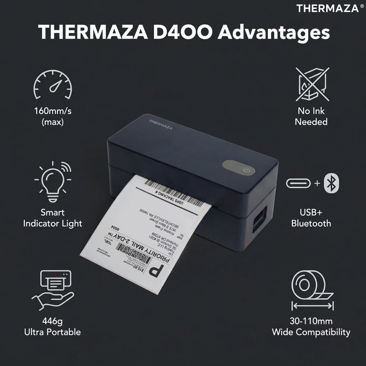 THERMAZA® D400 Thermal Label Printer Essential Kit With 1000 Fanfold Labels (Black)