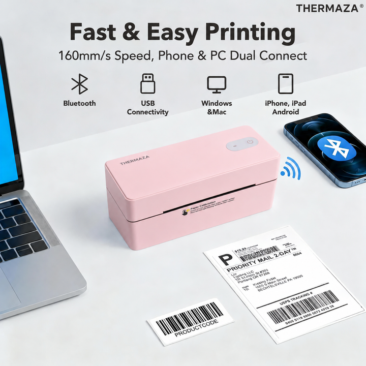 THERMAZA® D400 Thermal Label Printer Essential Kit With 1000 Fanfold Labels (Pink)