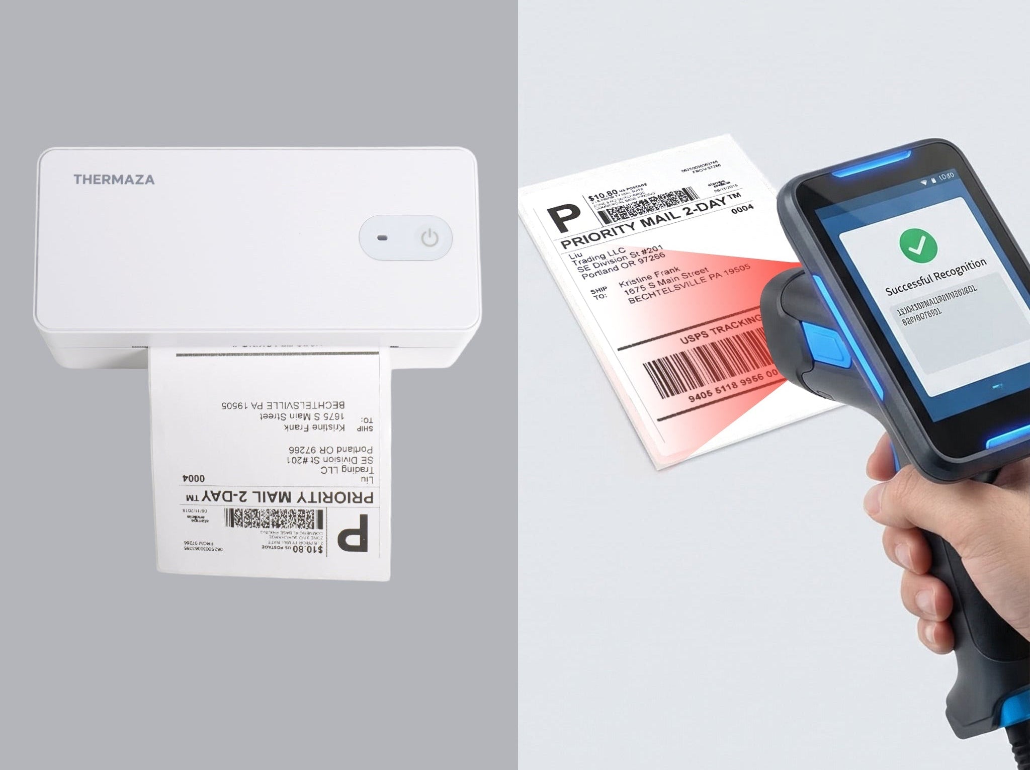 Thermaza barcode scanner and printer with high-resolution printing and scan accuracy on a gray background.