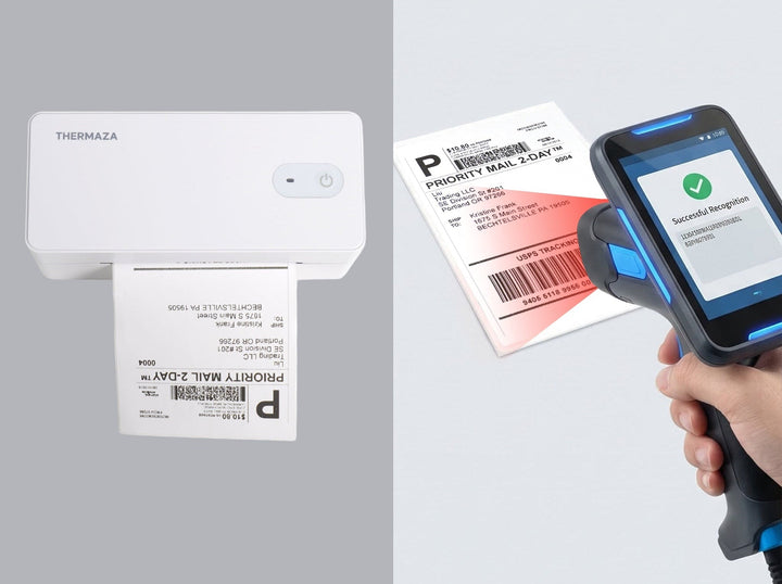 Thermaza barcode scanner and printer with high-resolution printing and scan accuracy on a gray background.