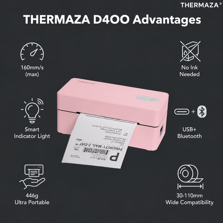 THERMAZA® D400 Thermal Label Printer Essential Kit With 1000 Roll Labels (Pink)
