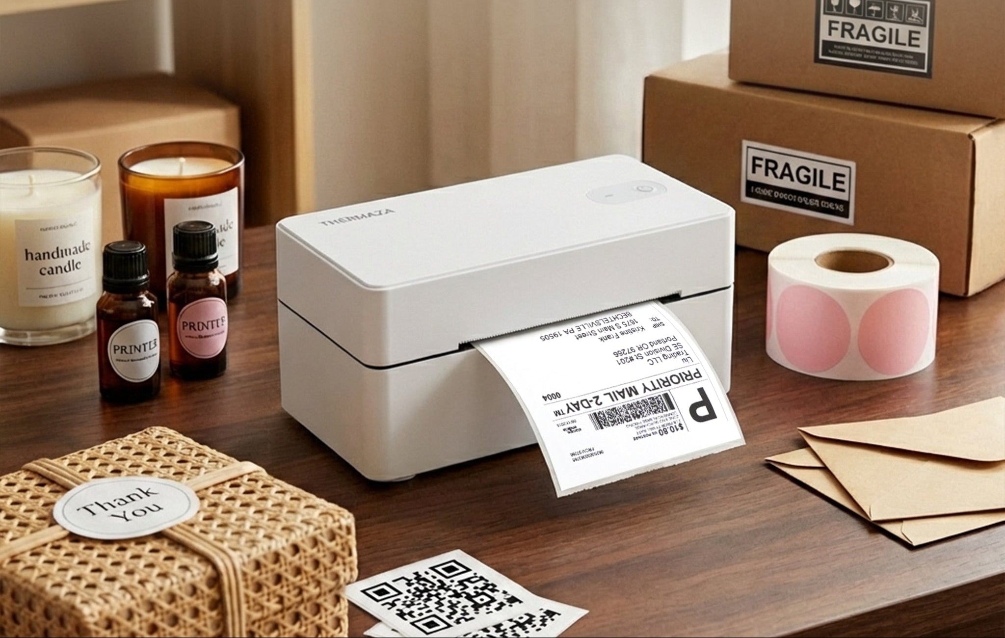 Thermaza label printer on a table with boxes, candles, and labels.