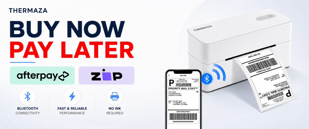 A white Thermaza thermal label printer shown with a printed label coming out of the slot, alongside a smartphone displaying a receipt app. Large promotional text reads 'BUY NOW PAY LATER' with payment logos afterpay and zip, and feature icons for Bluetooth connectivity, fast and reliable performance, and no ink required.