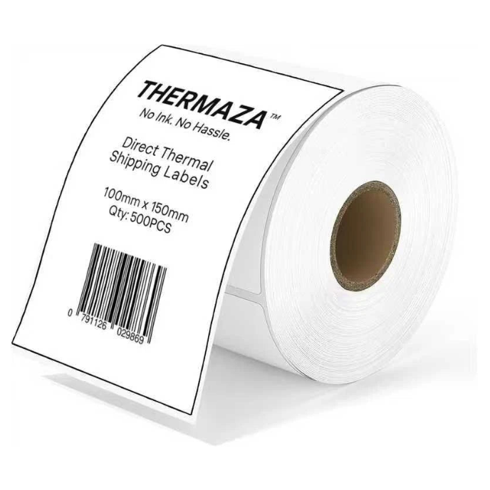 Roll of Thermaza direct thermal shipping labels on a white background