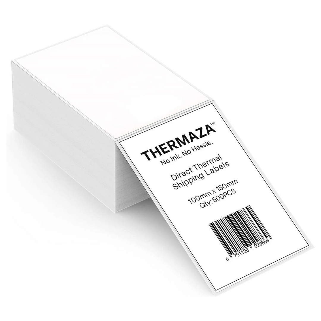 THERMAZA direct thermal shipping label with barcode on a white background