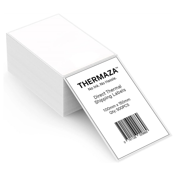 THERMAZA direct thermal shipping label with barcode on a white background